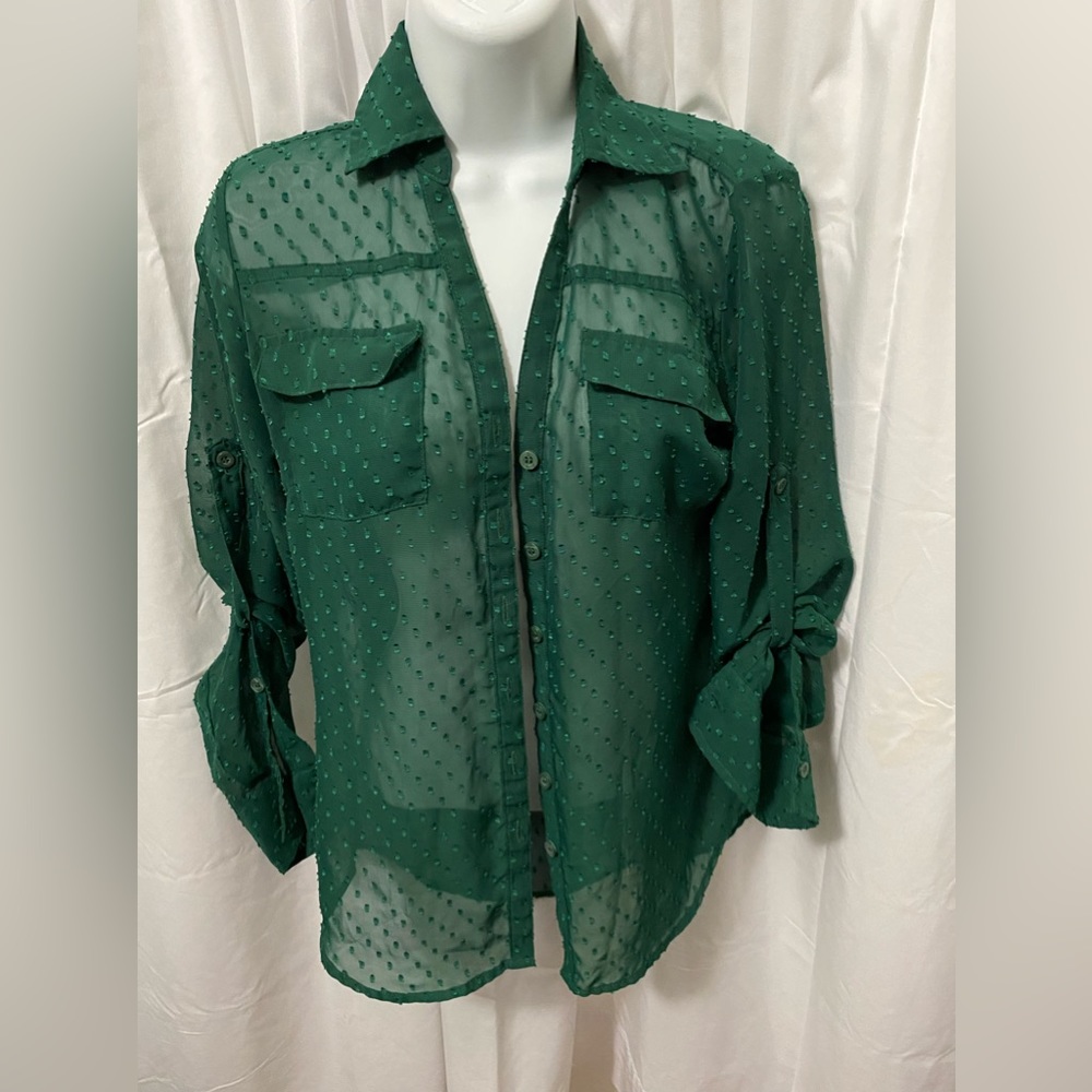 New York & Company Green Business Shirt Button Down Elbow Sleeve Adjustable XS